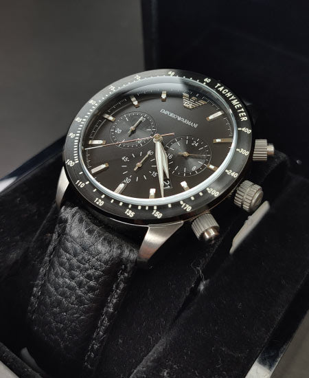  Shop Authentic Emporio Armani Mario Chronograph Black Dial Black Leather Strap Watch For Men - AR11243 - Luxxuri