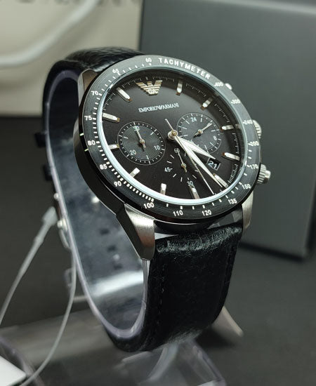  Shop Authentic Emporio Armani Mario Chronograph Black Dial Black Leather Strap Watch For Men - AR11243 - Luxxuri