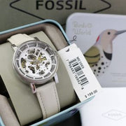  Shop Authentic Fossil Boyfriend Automatic Skeleton Silver Dial White Leather Strap Watch for Women - ME3069 - Luxxuri