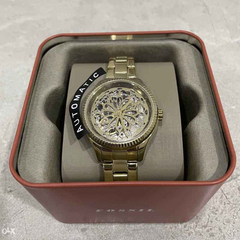  Shop Authentic Fossil Rye Automatic Skeleton Gold Dial Gold Steel Strap Watch for Women - BQ3755 - Luxxuri