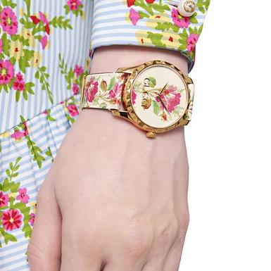  Shop Authentic Gucci G Timeless Floral Gold Dial White Leather Strap Watch For Women - YA1264084 - Luxxuri