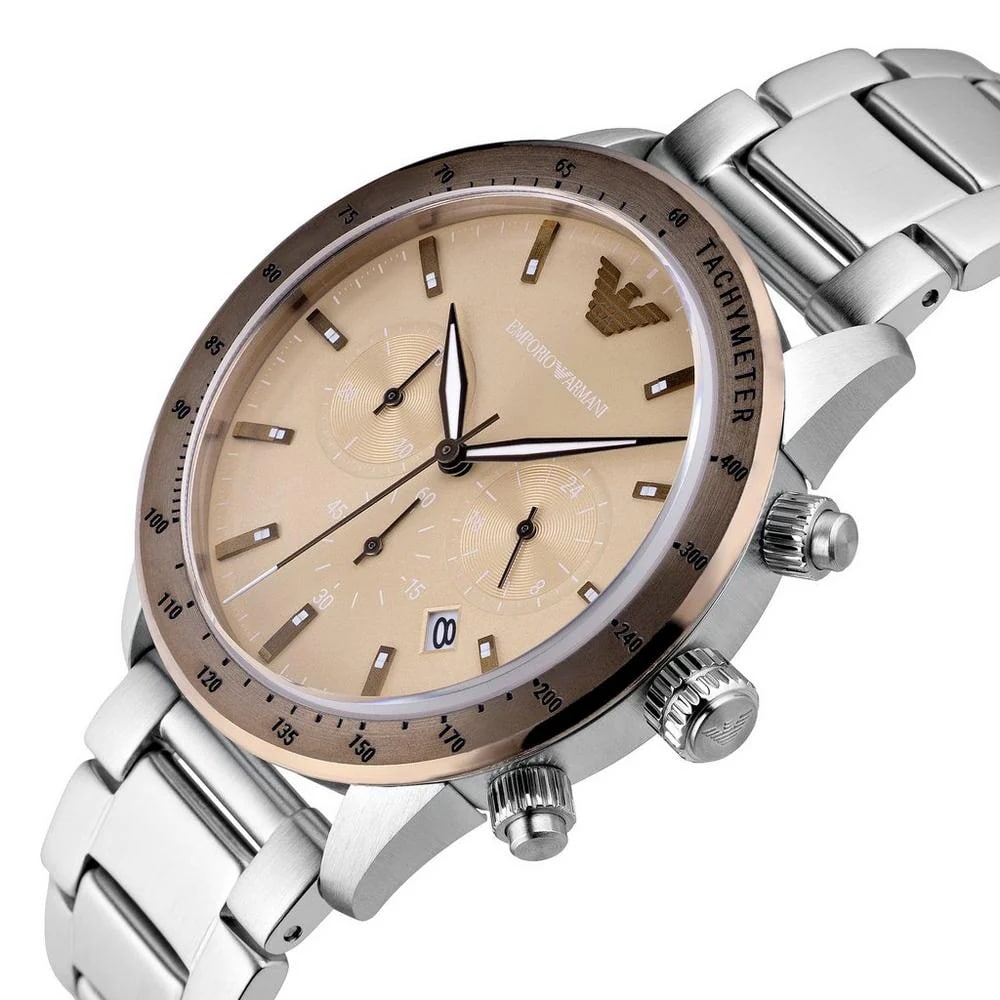  Shop Authentic Emporio Armani Mario Chronograph Beige Dial Silver Steel Strap Watch For Men - AR11352 - Luxxuri
