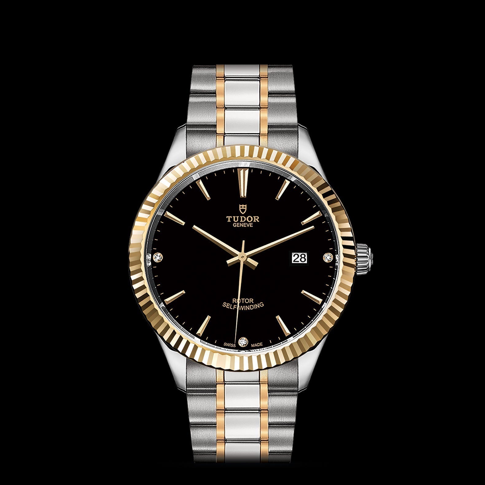  Shop Authentic Tudor Style Automatic Diamonds Black Dial Two Tone Steel Strap Watch for Men - M12713-00011 - Luxxuri