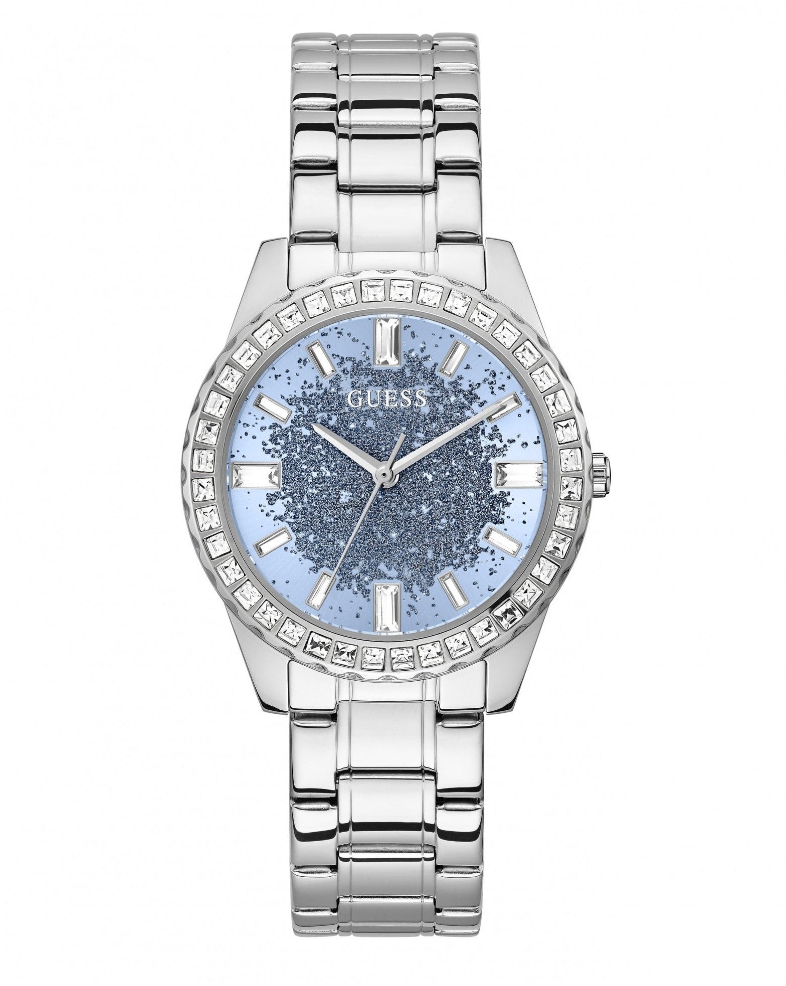  Shop Authentic Guess Glitter Burst Diamonds Blue Dial Silver Steel Strap Watch for Women - GW0405L1 - Luxxuri