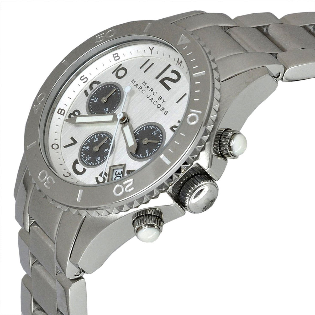  Shop Authentic Marc Jacobs Marc Chronograph Silver Dial Silver Steel Strap Watch for Men - MBM3155 - Luxxuri