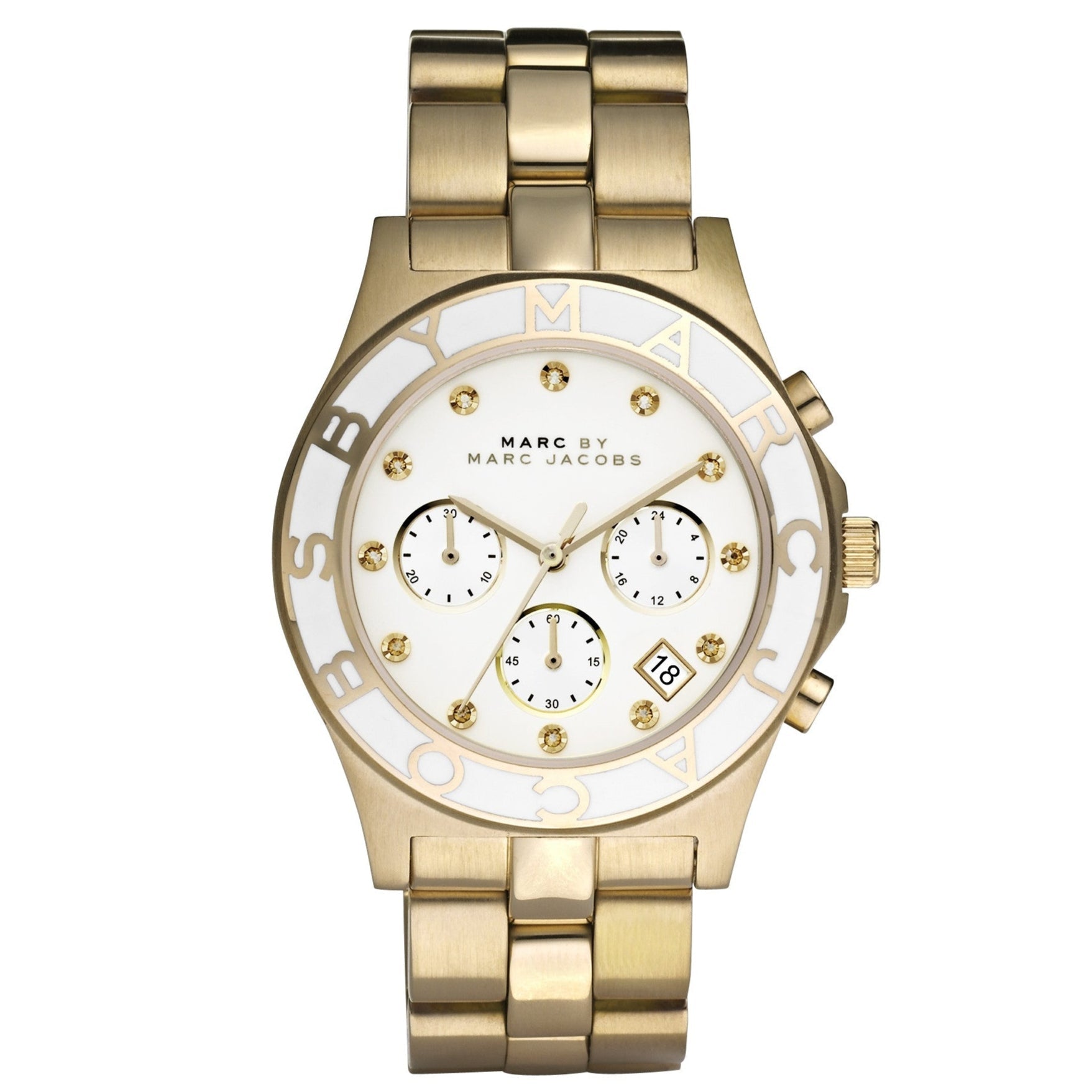  Shop Authentic Marc Jacobs Blade Chronograph White Dial Gold Steel Strap Watch for Women - MBM3081 - Luxxuri