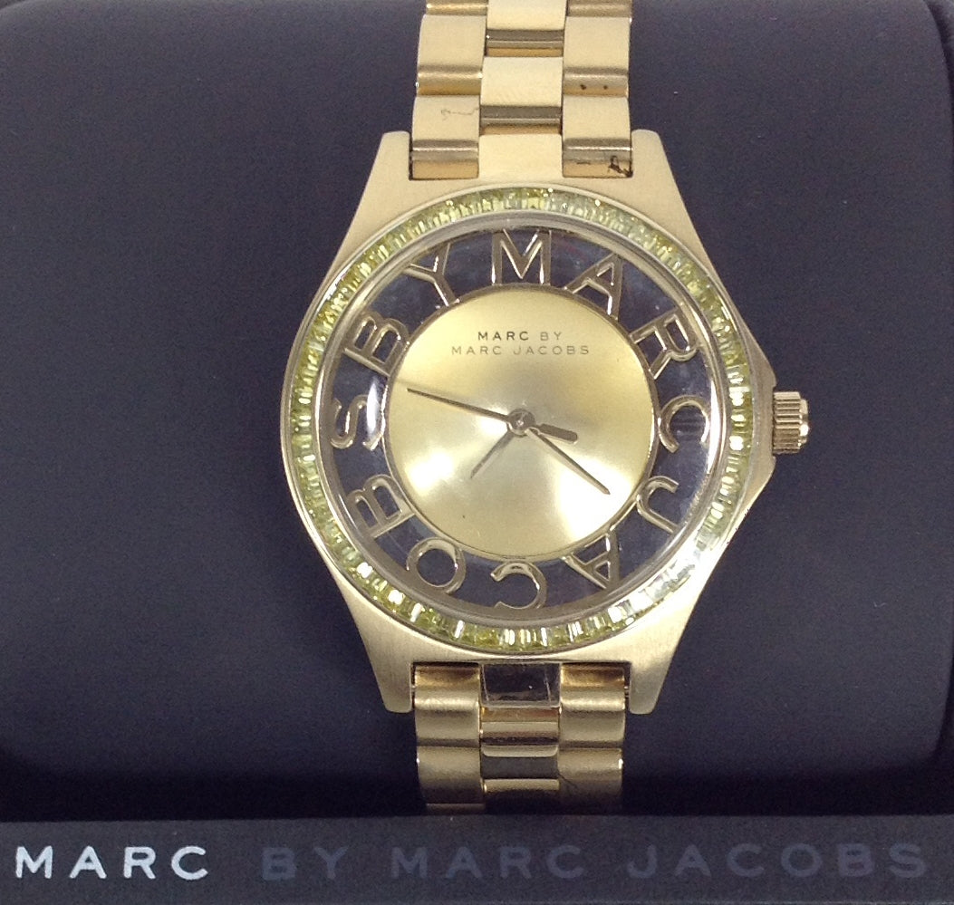  Shop Authentic Marc Jacobs Henry Transparent Gold Dial Gold Steel Strap Watch for Women - MBM3338 - Luxxuri