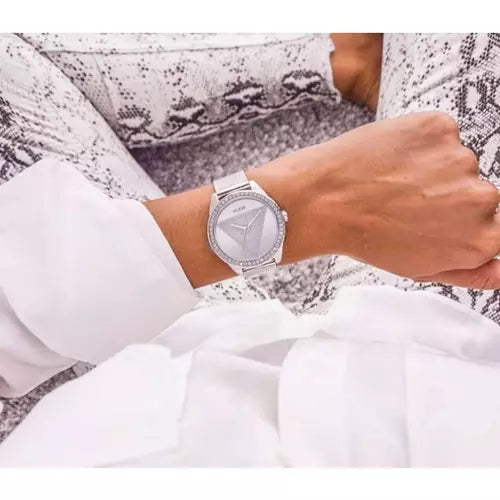  Shop Authentic Guess Tri Glitz Quartz Silver Dial Silver Mesh Bracelet Watch For Women - W1142L1 - Luxxuri