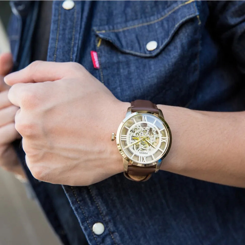  Shop Authentic Fossil Townsman Automatic Skeleton Gold Dial Brown Leather Strap Watch for Men - ME3043 - Luxxuri
