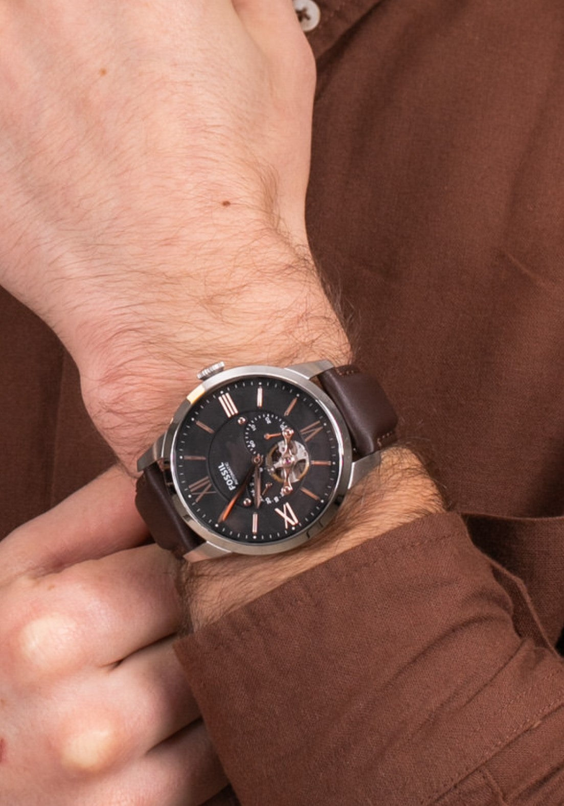  Shop Authentic Fossil Townsman Automatic Black Dial Brown Leather Strap Watch for Men - ME3061 - Luxxuri
