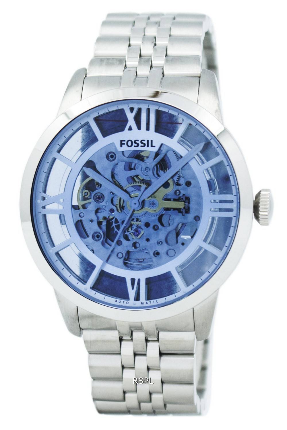  Shop Authentic Fossil Townsman Automatic Skeleton Blue Dial Silver Steel Strap Watch for Men - ME3073 - Luxxuri