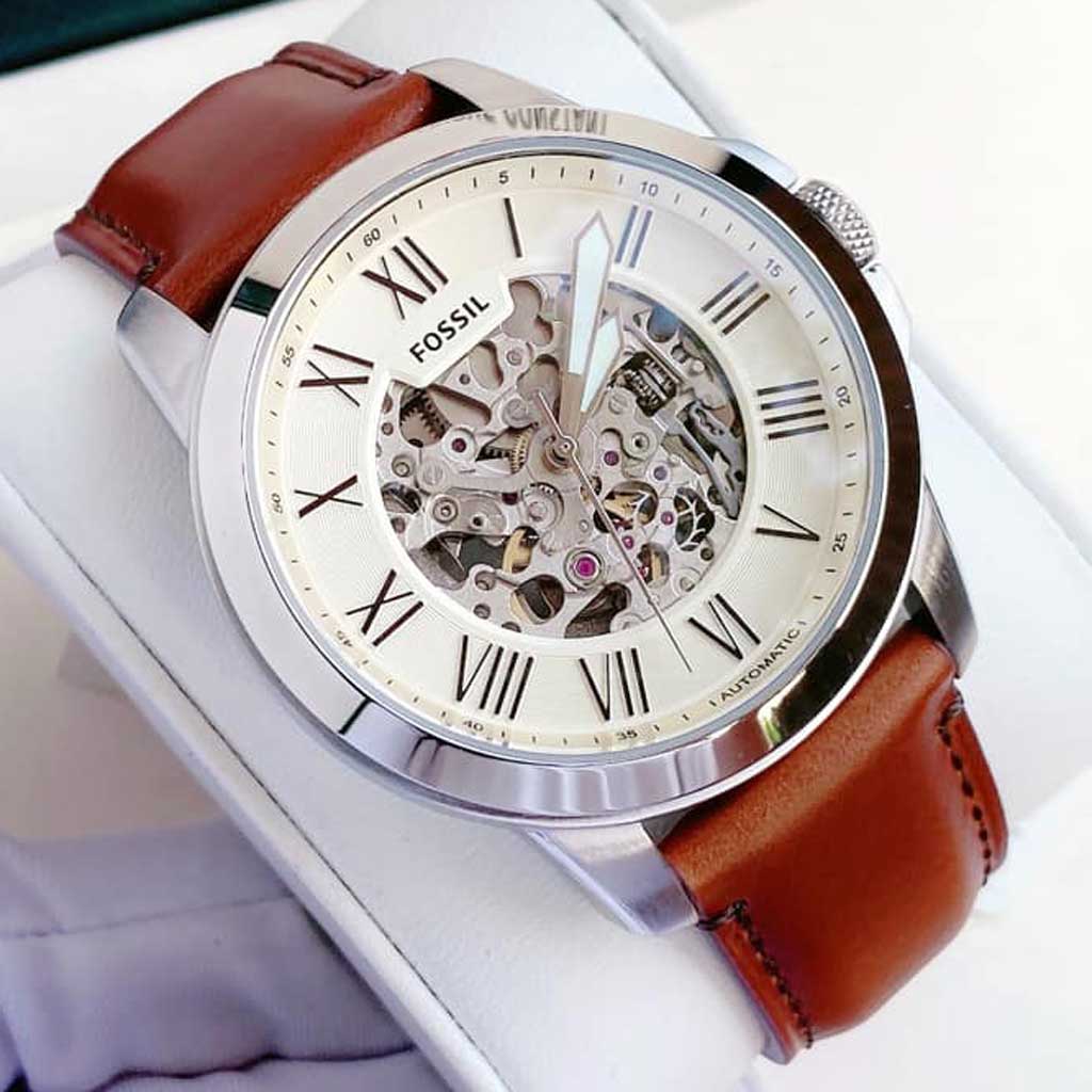  Shop Authentic Fossil Grant Automatic Beige Skeleton Dial Brown Leather Strap Watch for Men - ME3099 - Luxxuri