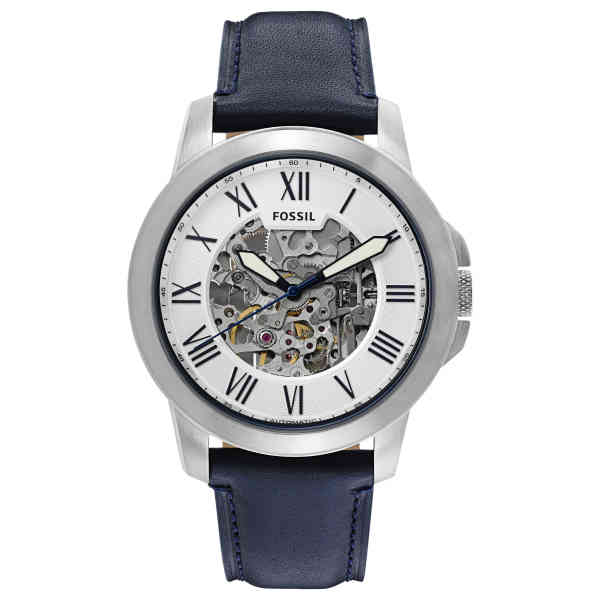  Shop Authentic Fossil Grant Automatic Skeleton Silver Dial Blue Leather Strap Watch for Men - ME3111 - Luxxuri