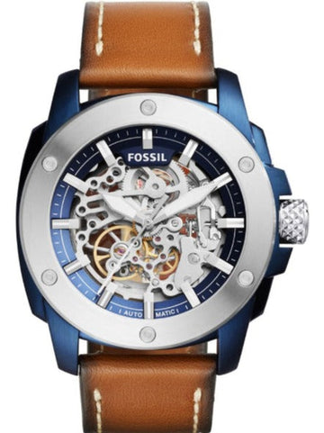  Shop Authentic Fossil Modern Machine Automatic Skeleton Silver Dial Brown Leather Strap Watch for Men - ME3135 - Luxxuri