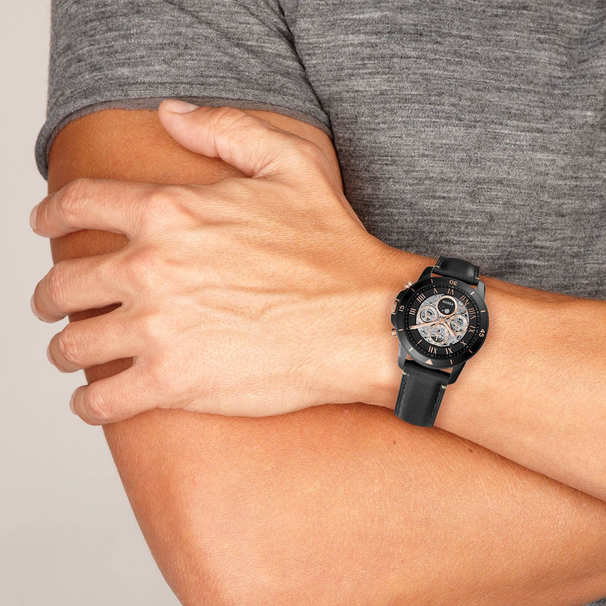  Shop Authentic Fossil Grant Sport Automatic Skeleton Black Dial Black Leather Strap Watch for Men - ME3138 - Luxxuri