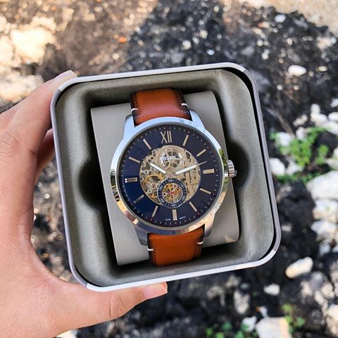  Shop Authentic Fossil Townsman Automatic Skeleton Blue Dial Brown Leather Strap Watch for Men - ME3154 - Luxxuri