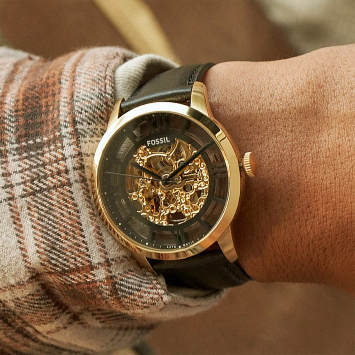  Shop Authentic Fossil Townsman Automatic Skeleton Black Dial Black Leather Strap Watch for Men - ME3210 - Luxxuri
