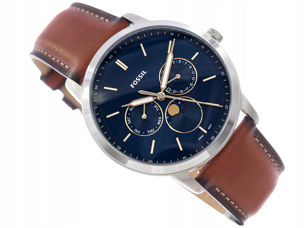  Shop Authentic Fossil Neutra Minimalist Moonphase Blue Dial Brown Leather Strap Watch for Men - FS5903 - Luxxuri