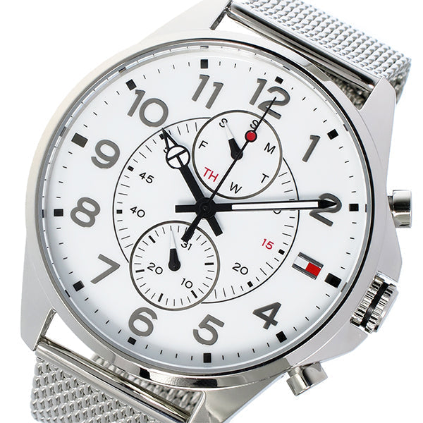  Shop Authentic Tommy Hilfiger Dean Chronograph White Dial Silver Mesh Bracelet Watch for Men - 1791277 - Luxxuri