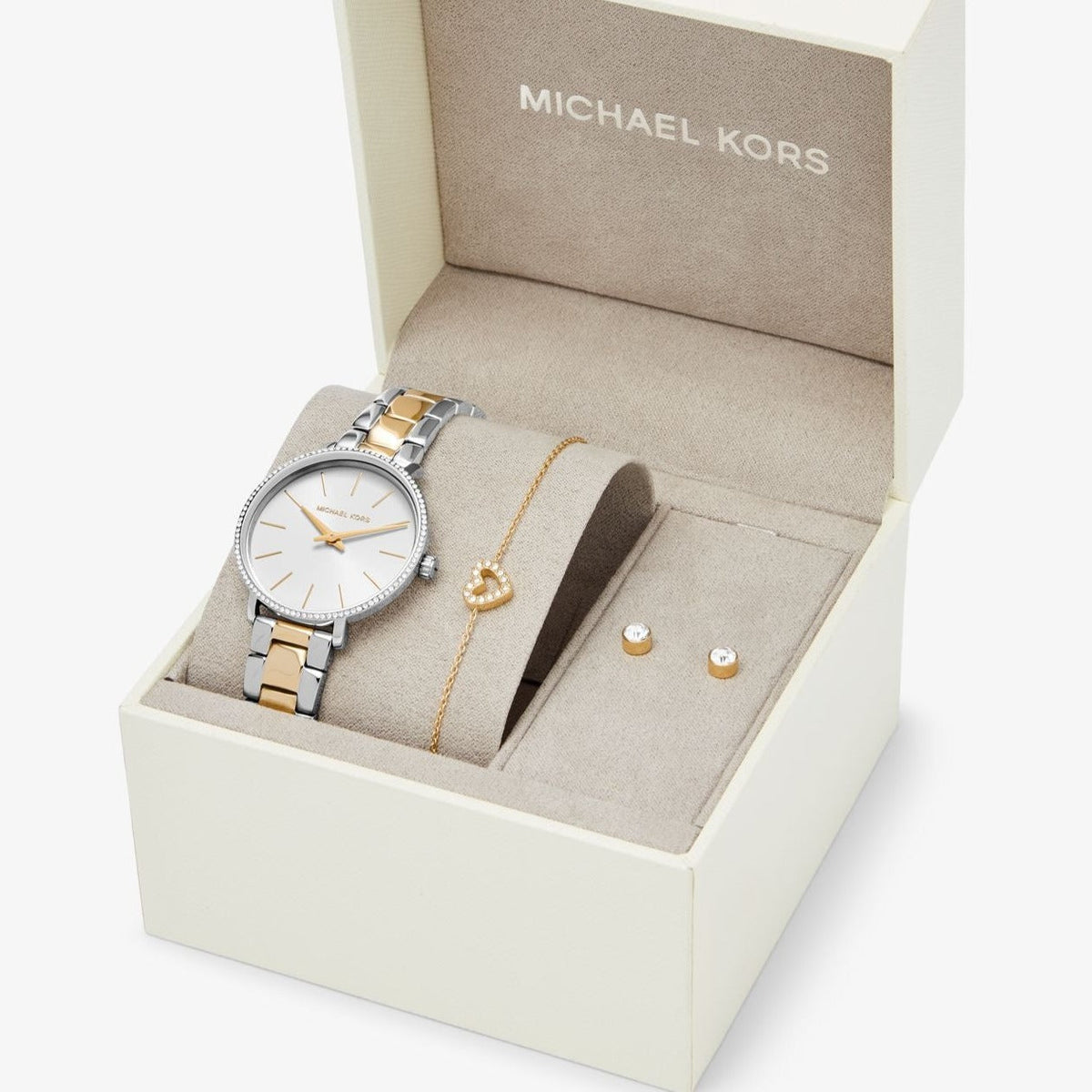  Shop Authentic Michael Kors Pyper Quartz Silver Dial Two Tone Steel Strap Watch For Women - MK1041 - Luxxuri