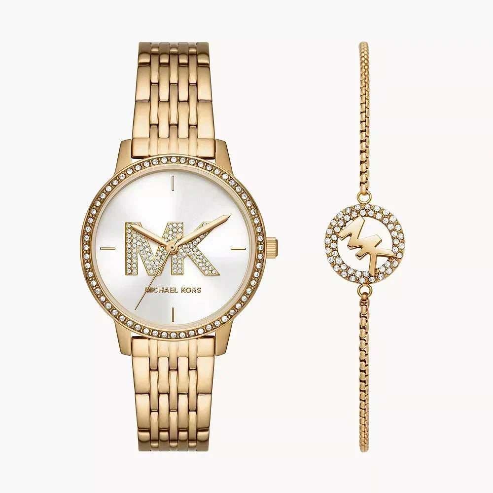 Shop Authentic Michael Kors Three Hand Silver Dial Gold Steel Strap Watch for Women - MK1051 - Luxxuri