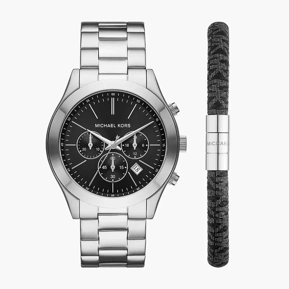  Shop Authentic Michael Kors Slim Runway Chronograph Black Dial Silver Steel Strap Watch For Men - MK1056 - Luxxuri
