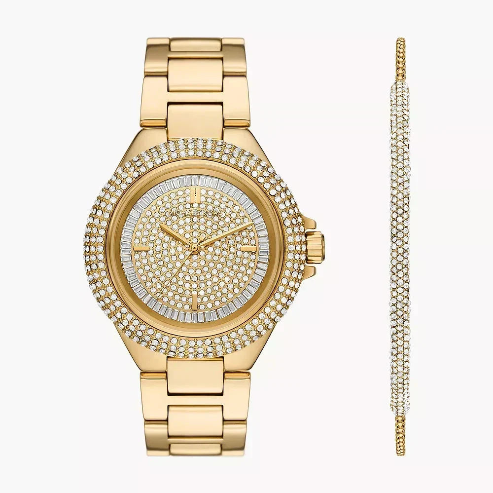  Shop Authentic Michael Kors Camille Three-Hand Crystals Gold Dial Gold Steel Strap Watch for Women - MK1067 - Luxxuri