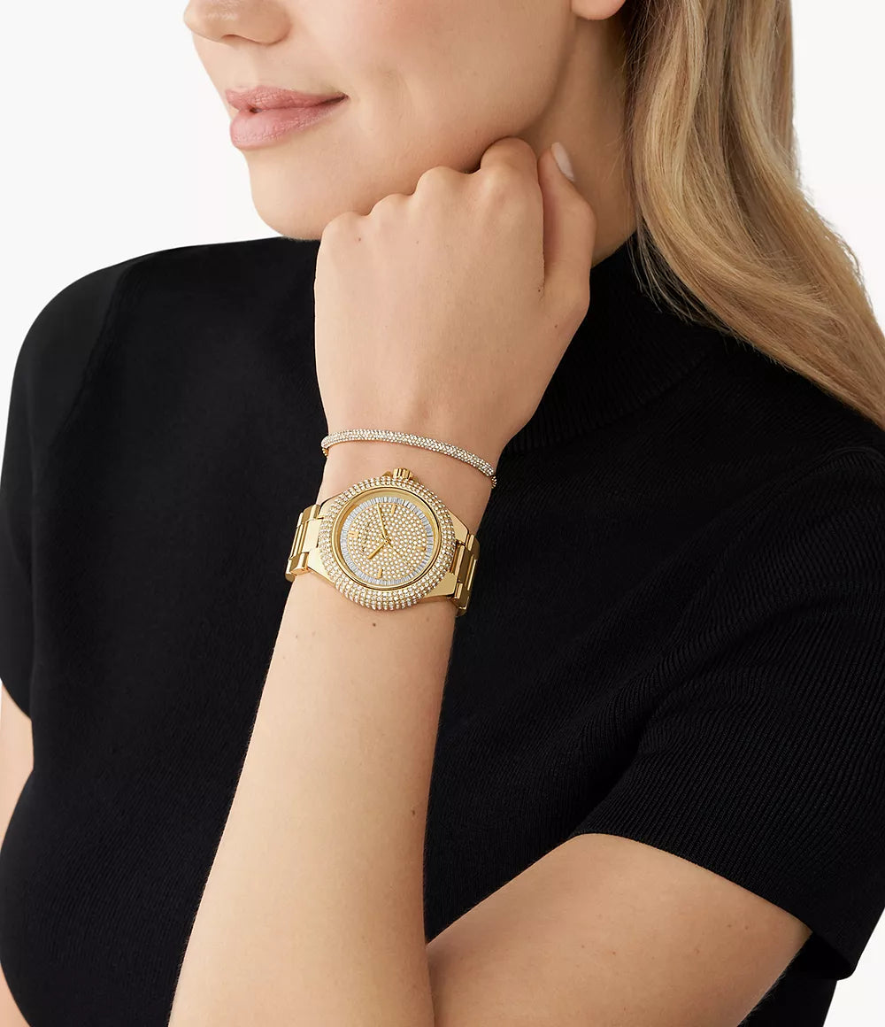  Shop Authentic Michael Kors Camille Three-Hand Crystals Gold Dial Gold Steel Strap Watch for Women - MK1067 - Luxxuri