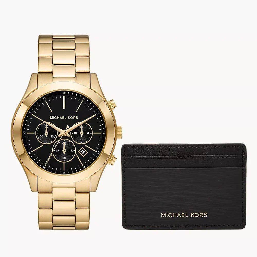 Shop Authentic Michael Kors Slim Runway Chronograph Black Dial Gold Steel Strap Watch For Men - MK1076 - Luxxuri