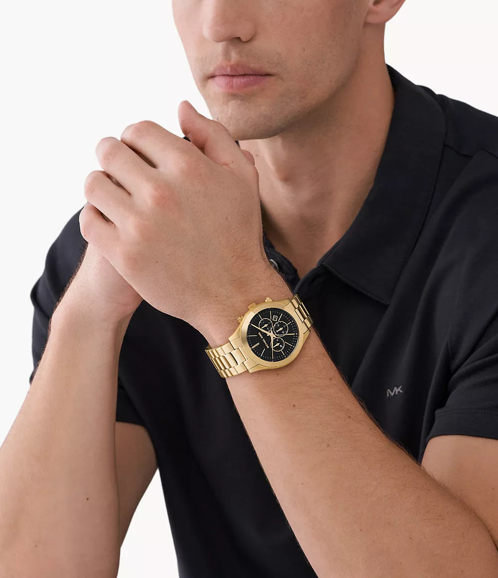  Shop Authentic Michael Kors Slim Runway Chronograph Black Dial Gold Steel Strap Watch For Men - MK1076 - Luxxuri