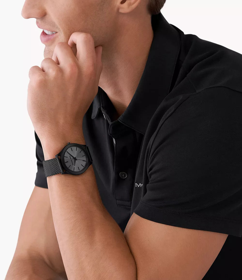  Shop Authentic Michael Kors Runway Three-Hand Black Dial Black Mesh Strap Watch for Men - MK1085 - Luxxuri