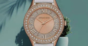  Shop Authentic Michael Kors Harlowe Analog Rose Gold Dial White Leather Strap Watch For Women - MK2989 - Luxxuri