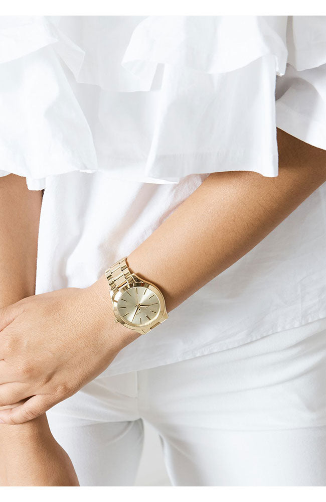  Shop Authentic Michael Kors Slim Runway Gold Dial Gold Stainless Steel Strap Watch for Women - MK3179 - Luxxuri