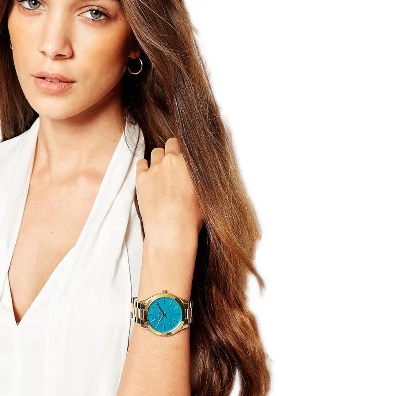  Shop Authentic Michael Kors Slim Runway Blue Mother of Pearl Dial Gold Steel Strap Watch for Women - MK3492 - Luxxuri