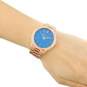  Shop Authentic Michael Kors Slim Runway Quartz Blue Dial Rose Gold Steel Strap Watch For Women - MK3494 - Luxxuri
