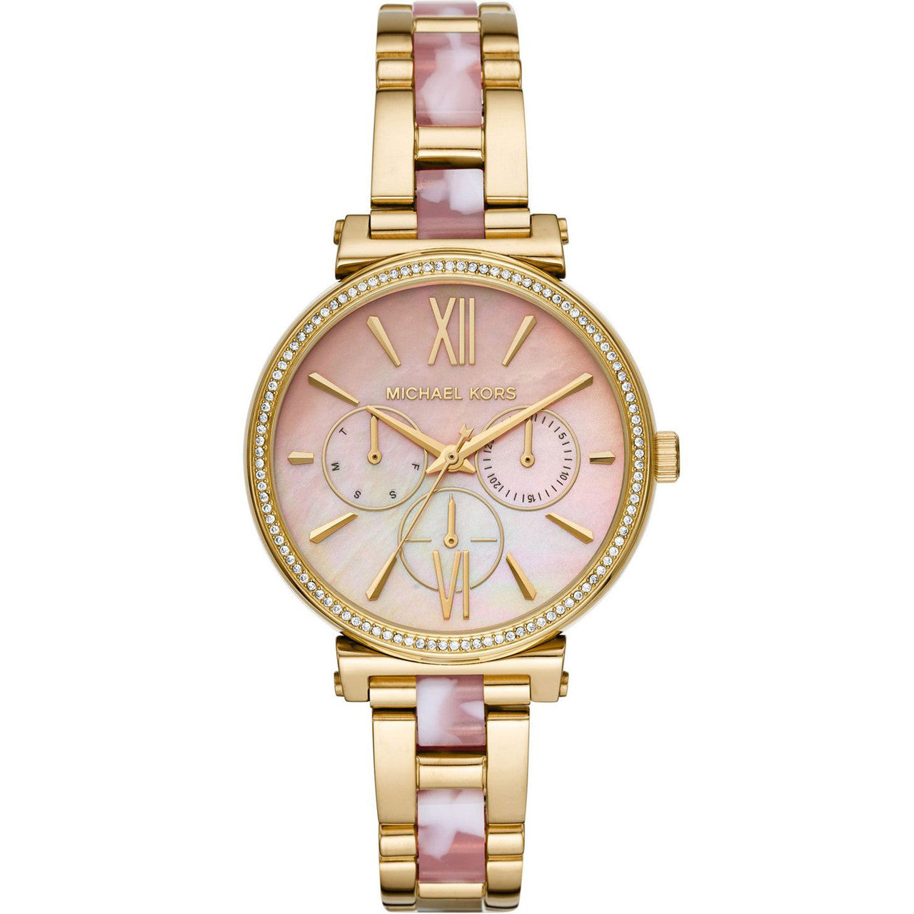  Shop Authentic Michael Kors Sofie Crystals Mother of Pearl Pink Dial Two Tone Steel Strap Watch For Women - MK4344 - Luxxuri