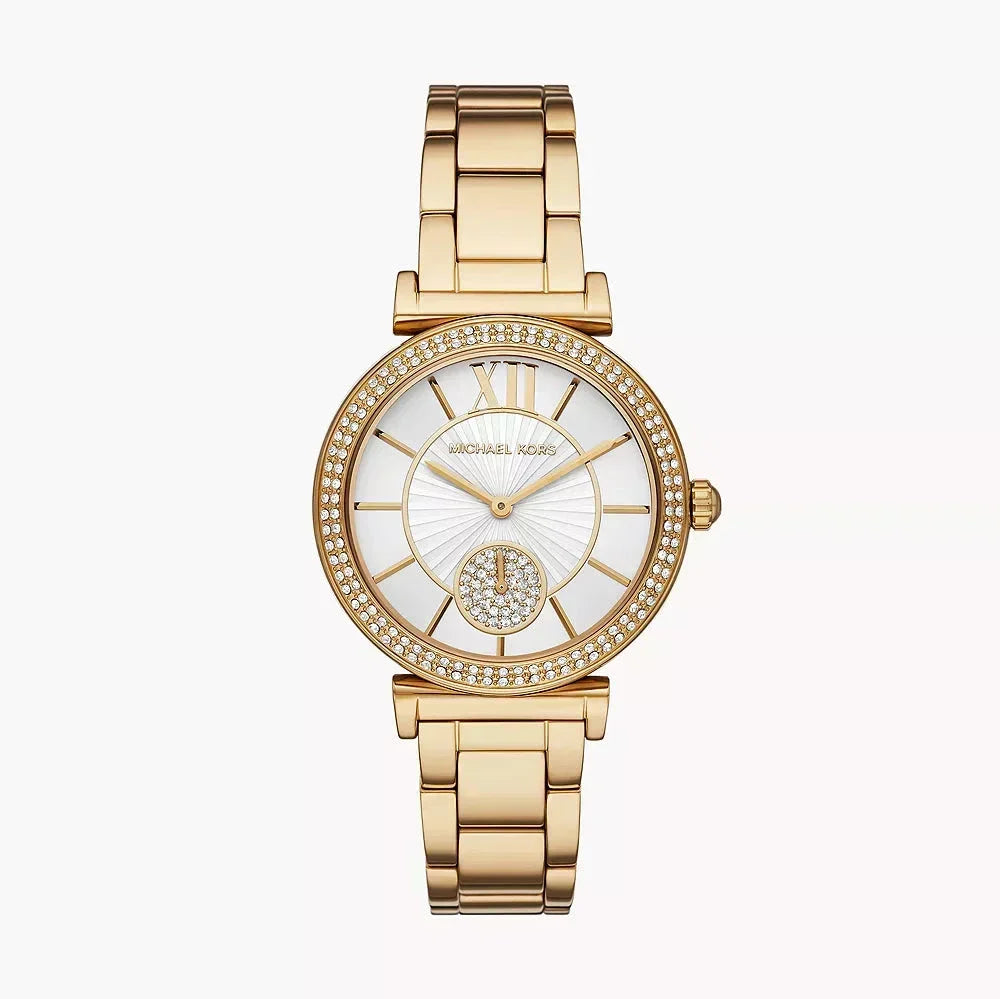  Shop Authentic Michael Kors Abbey Three-Hand Analog White Dial Gold Steel Strap Watch for Women - MK4615 - Luxxuri