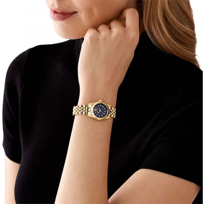  Shop Authentic Michael Kors Lexington Three-Hand Blue Dial Gold Steel Strap Watch for Women - MK4802 - Luxxuri