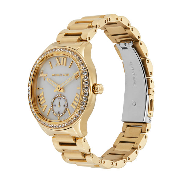  Shop Authentic Michael Kors Sage Three-Hand Mother of Pearl White Dial Gold Steel Strap Watch for Women - MK4805 - Luxxuri