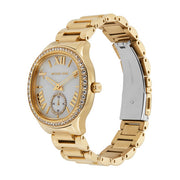  Shop Authentic Michael Kors Sage Three-Hand Mother of Pearl White Dial Gold Steel Strap Watch for Women - MK4805 - Luxxuri