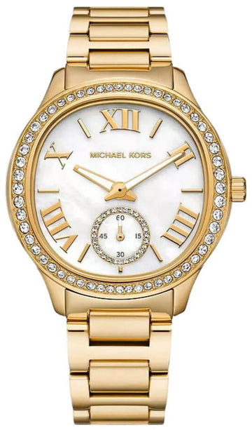  Shop Authentic Michael Kors Sage Three-Hand Mother of Pearl White Dial Gold Steel Strap Watch for Women - MK4805 - Luxxuri