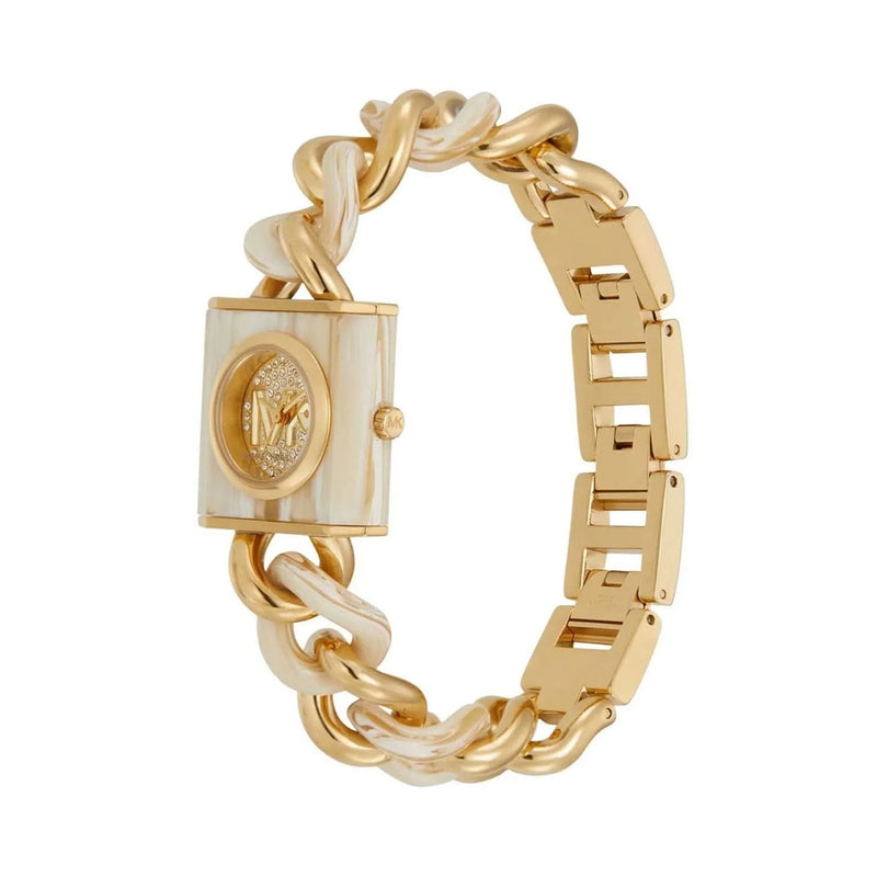  Shop Authentic Michael Kors Chain Lock Analog Crystals Silver Dial Gold Steel Strap Watch for Women - MK4809 - Luxxuri
