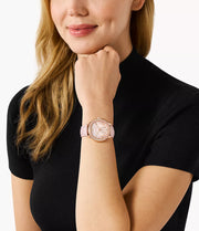  Shop Authentic Michael Kors Sage Three-Hand Mother of Pearl Pink Dial Pink Leather Strap Watch for Women - MK4820 - Luxxuri