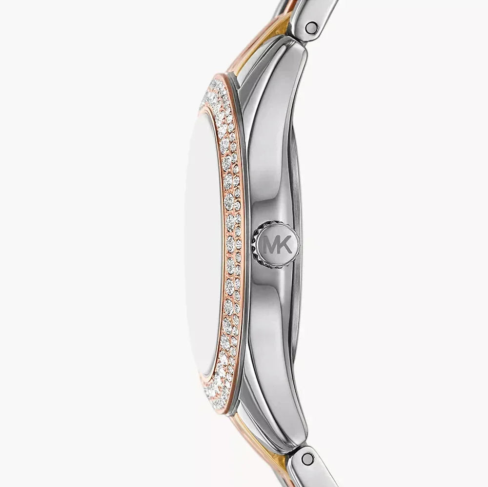  Shop Authentic Michael Kors Harlowe Three-Hand Mother of Pearl White Dial Tri Tone Steel Strap Watch for Women - MK4846 - Luxxuri