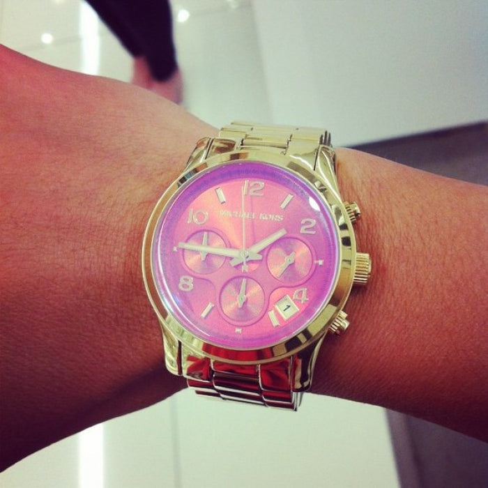  Shop Authentic Michael Kors Runway Iridescent Pink Dial Gold Steel Strap Watch for Women - MK5939 - Luxxuri