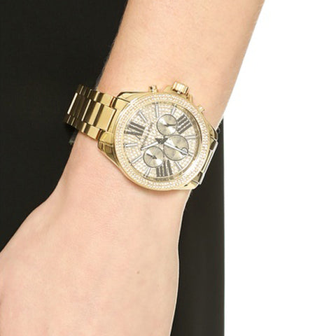  Shop Authentic Michael Kors Wren Chronograph Crystal Pave Gold Dial Gold Steel Strap Watch for Women - MK6095 - Luxxuri