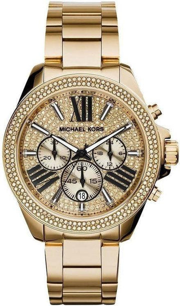  Shop Authentic Michael Kors Wren Chronograph Crystal Pave Gold Dial Gold Steel Strap Watch for Women - MK6095 - Luxxuri