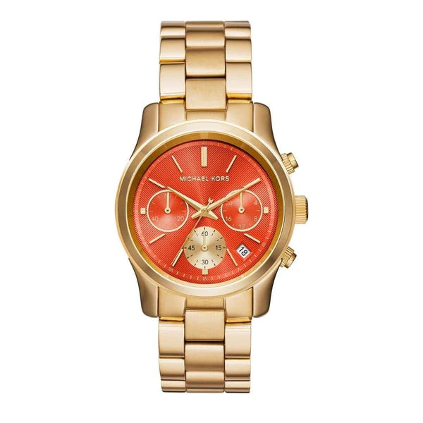  Shop Authentic Michael Kors Runway Chronograph Orange Dial Gold Steep Strap Watch For Women - MK6162 - Luxxuri
