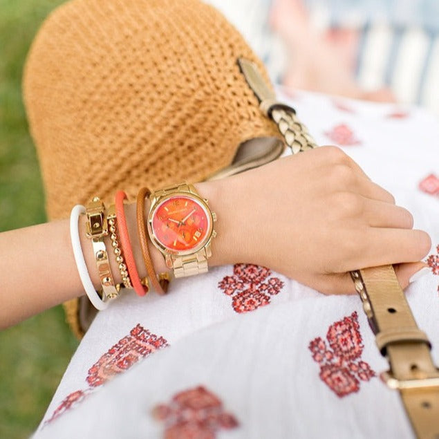  Shop Authentic Michael Kors Runway Chronograph Orange Dial Gold Steep Strap Watch For Women - MK6162 - Luxxuri