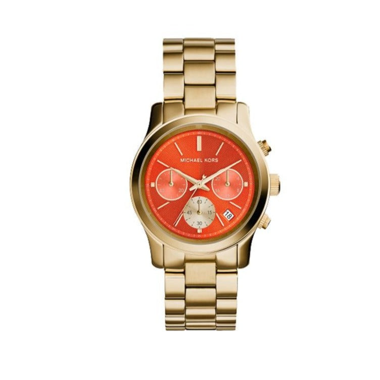  Shop Authentic Michael Kors Runway Chronograph Orange Dial Gold Steep Strap Watch For Women - MK6162 - Luxxuri